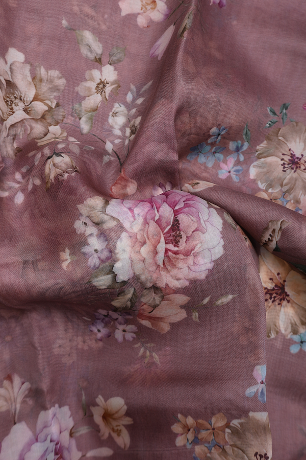 Organza Silk Saree In Dusty Purple With Floral Design