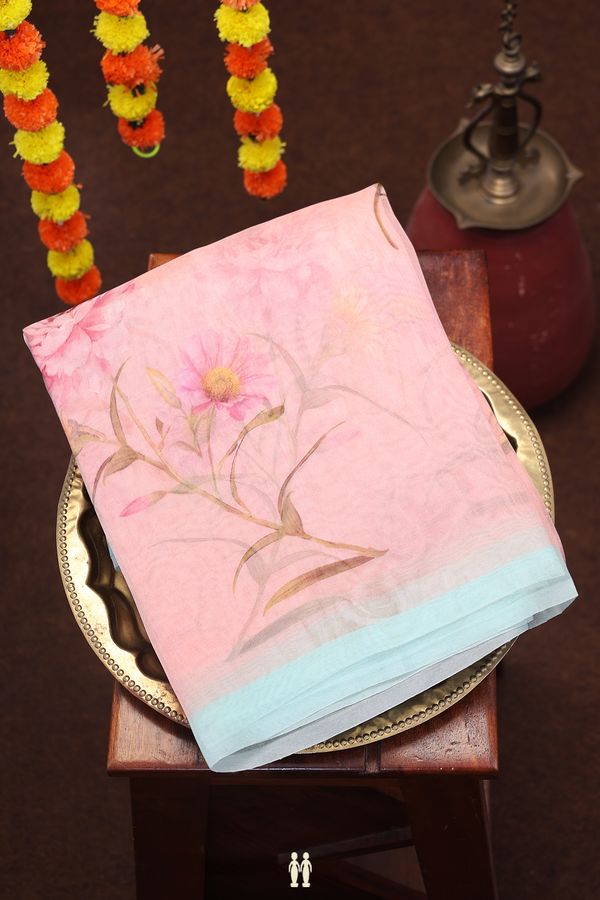 Organza Silk Saree In Dusty Pink With Floral Design