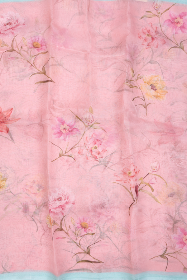 Organza Silk Saree In Dusty Pink With Floral Design
