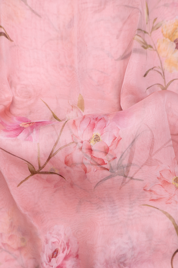 Organza Silk Saree In Dusty Pink With Floral Design