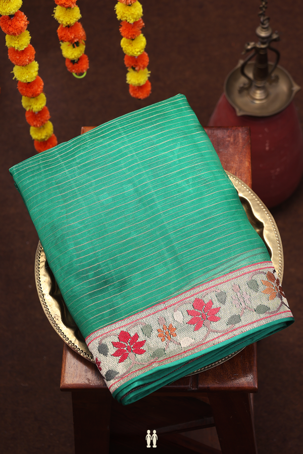 Organza Silk Saree In Forest Green With Stripes Design