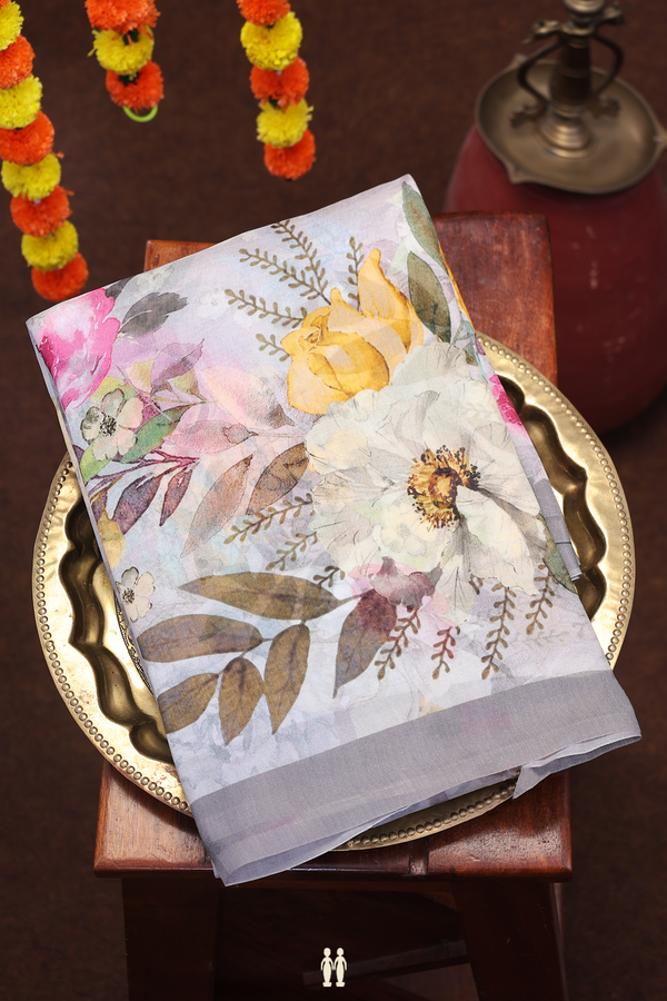 Organza Silk Saree In Grey With Floral Printed Design