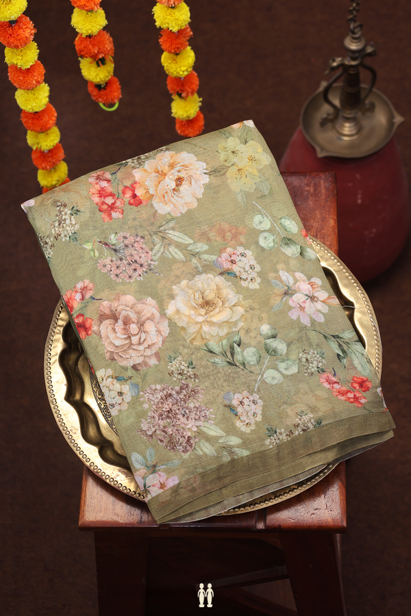 Organza Silk Saree In Olive Green With Floral Design