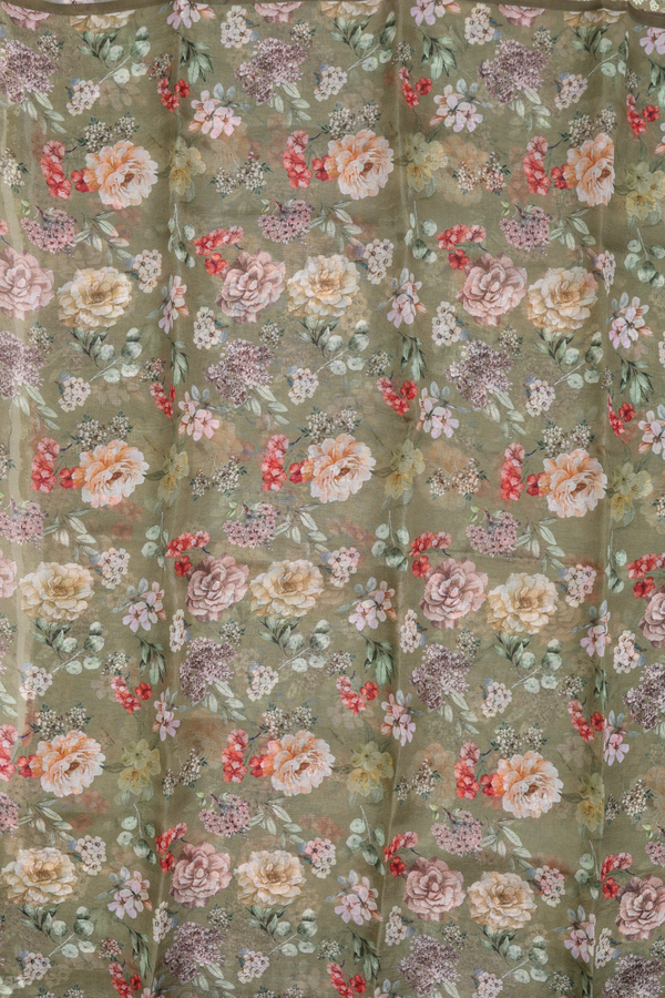 Organza Silk Saree In Olive Green With Floral Design