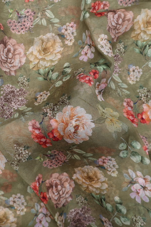 Organza Silk Saree In Olive Green With Floral Design