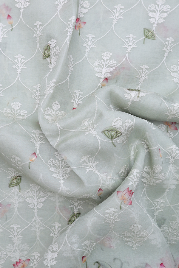 Organza Silk Saree In Pastel Green With Embroidered Design