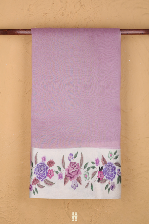 Organza Silk Saree In Plain Purple With Floral Border