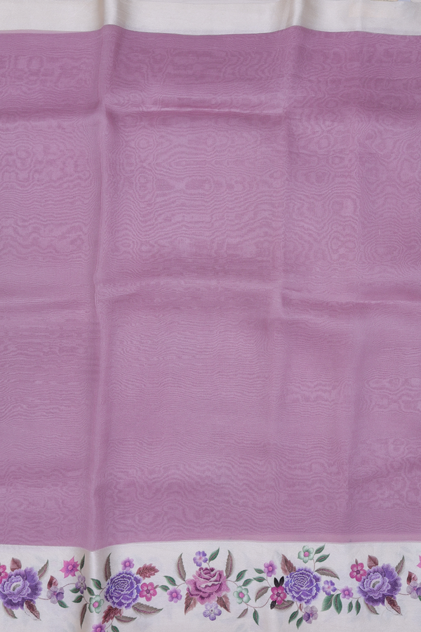 Organza Silk Saree In Plain Purple With Floral Border