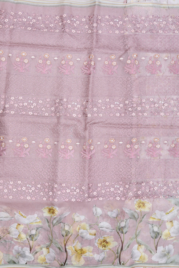 Organza Silk Saree In Rose Brown With Embroidered Design