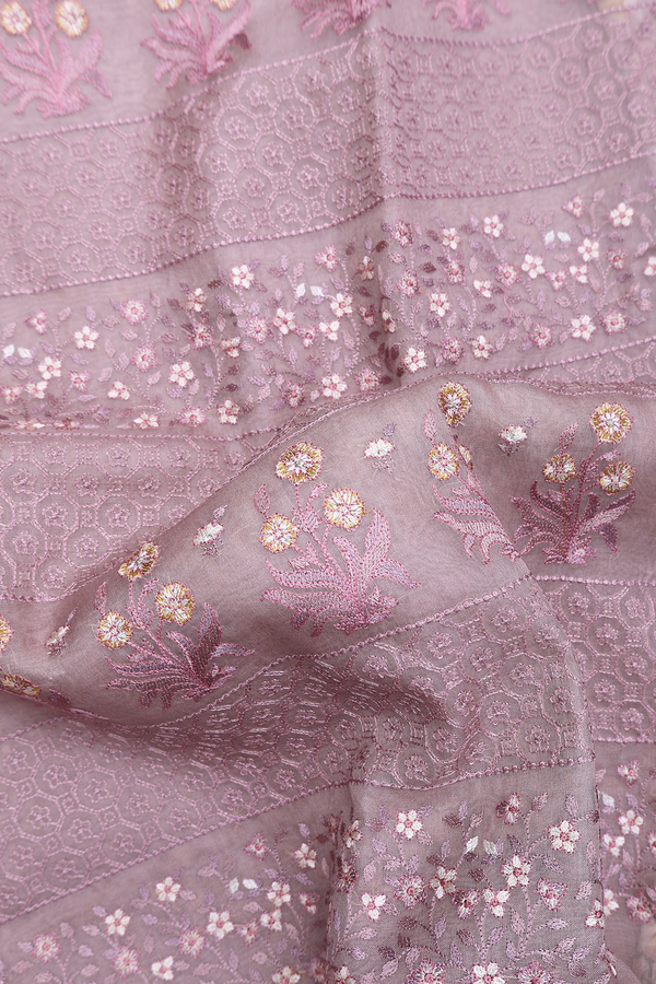 Organza Silk Saree In Rose Brown With Embroidered Design