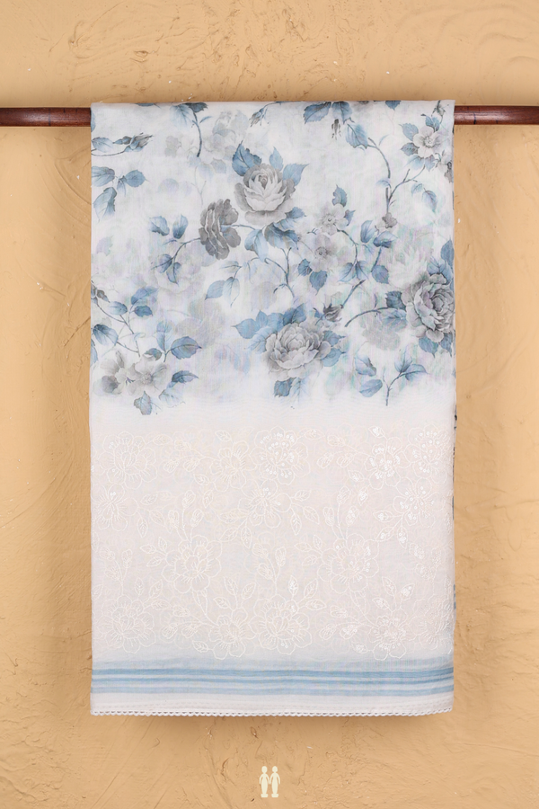 Organza Silk Saree In White With Floral Printed Design