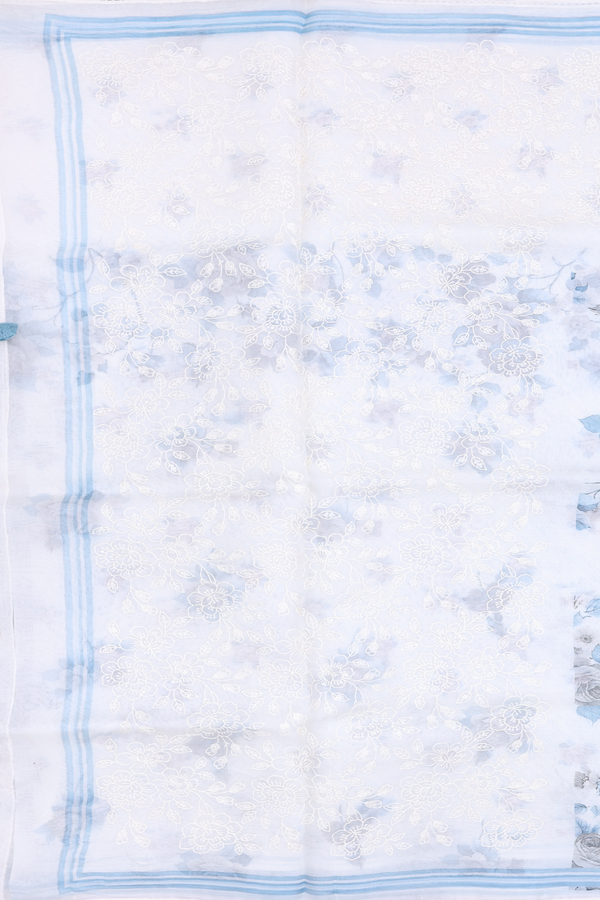 Organza Silk Saree In White With Floral Printed Design