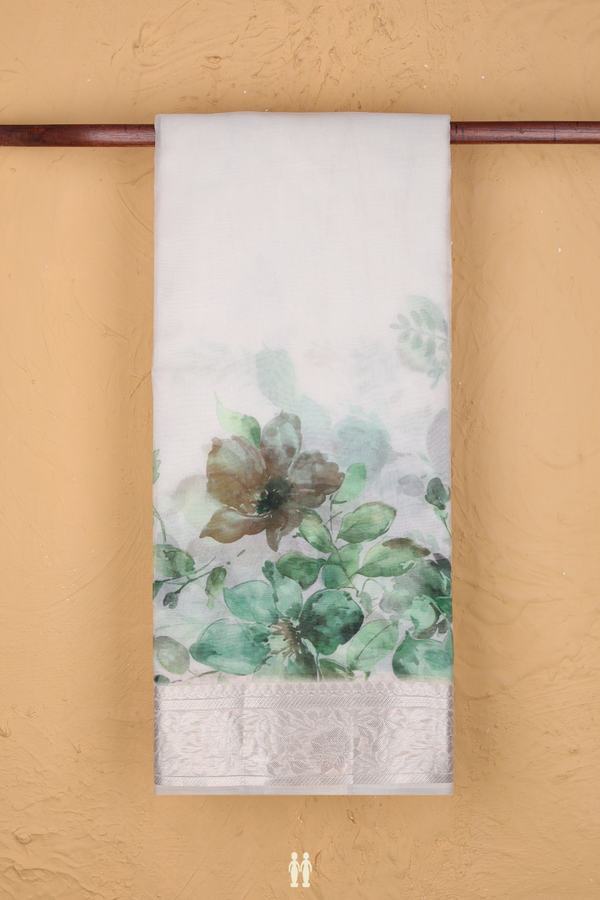 Organza Silk Saree In White With Floral Printed Design