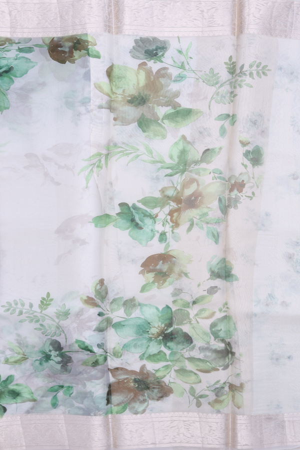 Organza Silk Saree In White With Floral Printed Design