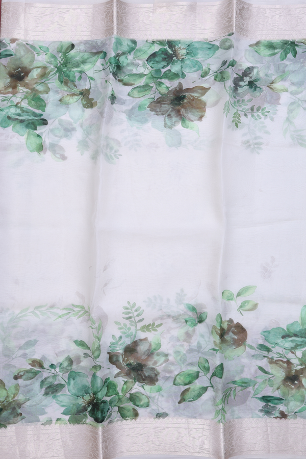 Organza Silk Saree In White With Floral Printed Design