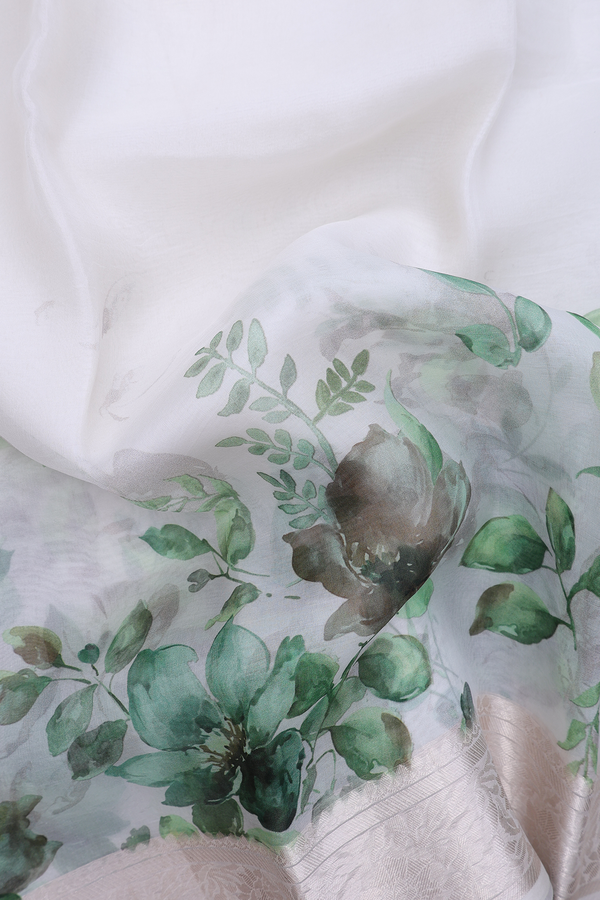 Organza Silk Saree In White With Floral Printed Design