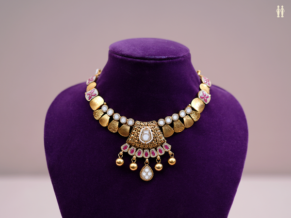 Pink And Crystal Stone Gold Plated Pure Silver Necklace