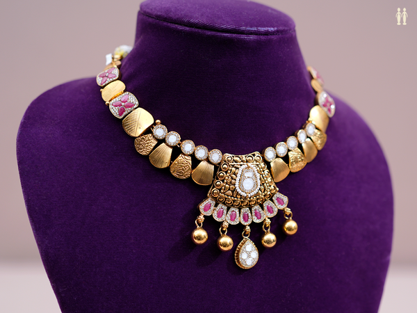 Pink And Crystal Stone Gold Plated Pure Silver Necklace