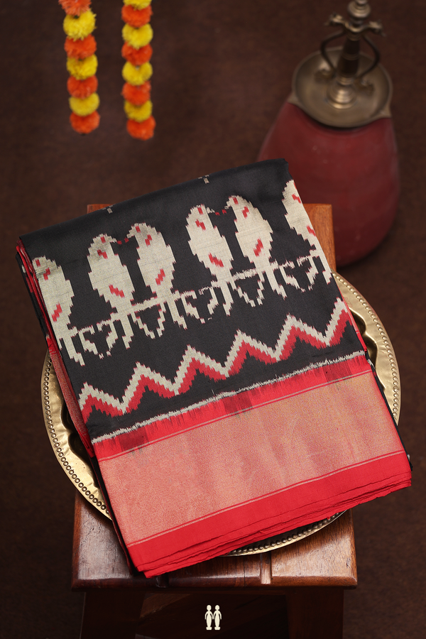 Pochampally Silk Saree In Black With Printed Buttas