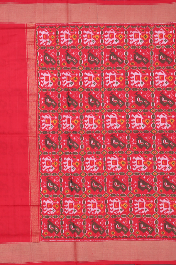 Pochampally Silk Saree In Red And Orange With Checks Design