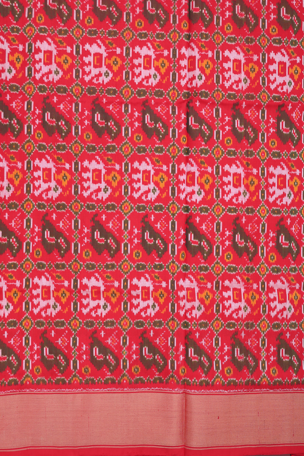 Pochampally Silk Saree In Red And Orange With Checks Design