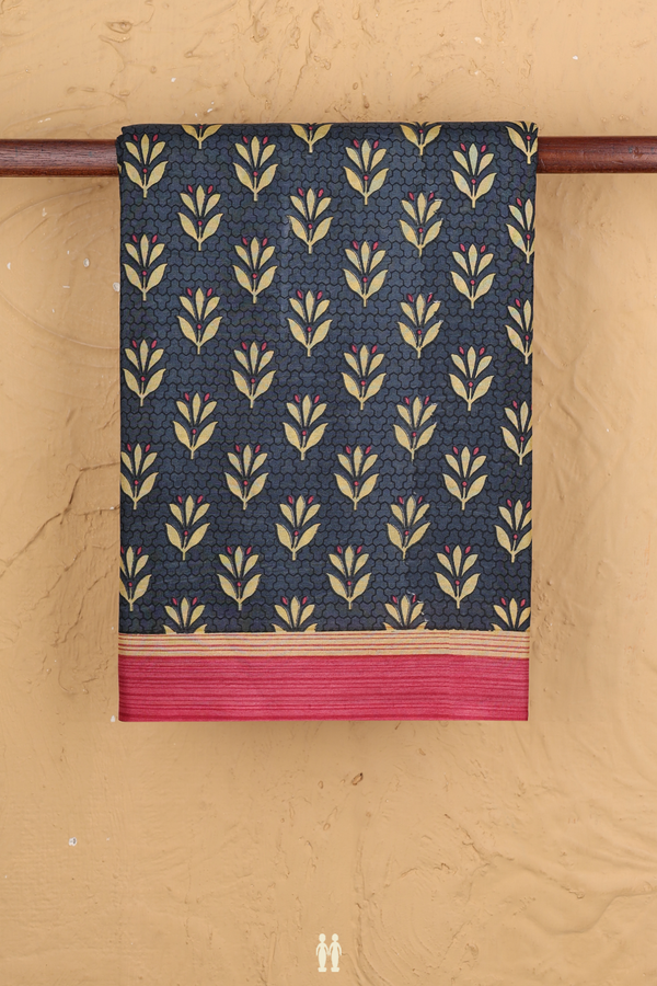 Printed Silk Saree In Charcoal Grey With Allover Design