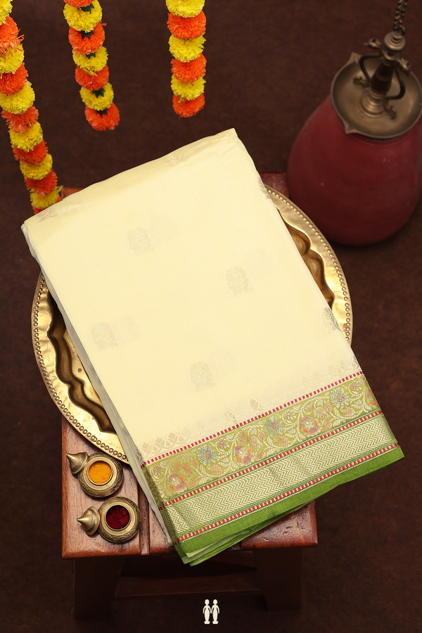 Raw Silk Saree In Beige With Floral Buttas