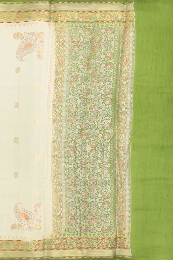 Raw Silk Saree In Beige With Floral Buttas