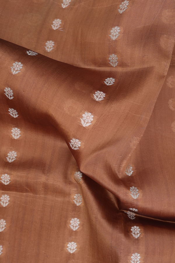 Raw Silk Saree In Caramel Brown With Floral Buttas