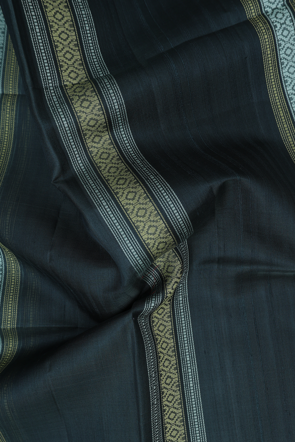 Raw Silk Saree In Dark Green With Stripes Design