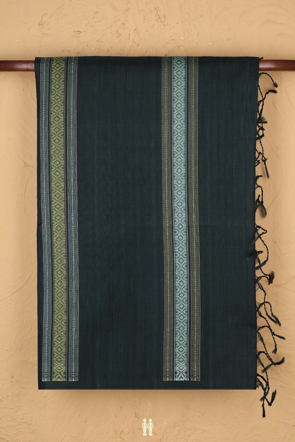 Raw Silk Saree In Dark Green With Stripes Design