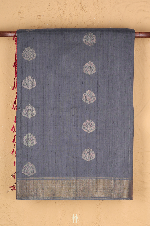 Raw Silk Saree In Grey With Zari Buttas