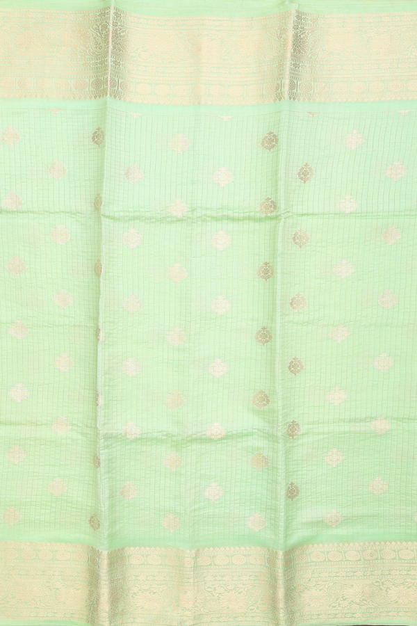 Raw Silk Saree In Mint Green Along Checks With Buttas