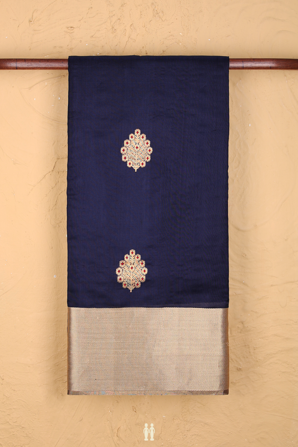 Raw Silk Saree In Navy Blue With Tree Motifs