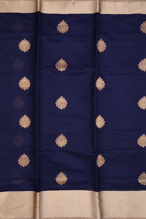 Raw Silk Saree In Navy Blue With Tree Motifs
