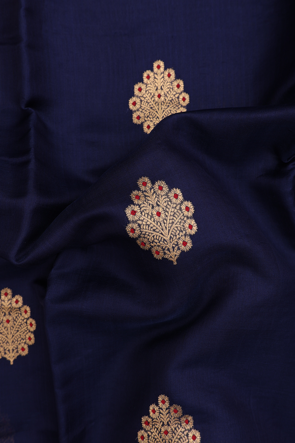 Raw Silk Saree In Navy Blue With Tree Motifs