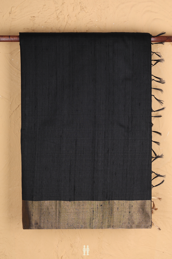Raw Silk Saree In Plain Black With Bavanchi Border