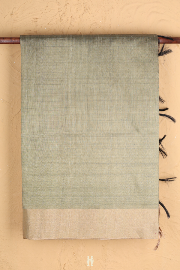 Raw Silk Saree In Plain Dusty Olive With Bavanchi Border