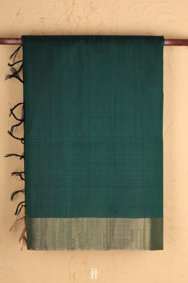 Raw Silk Saree In Plain Forest Green With Bavanchi Border