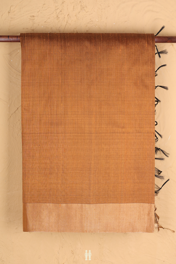 Raw Silk Saree In Plain Golden Brown With Bavanchi Border