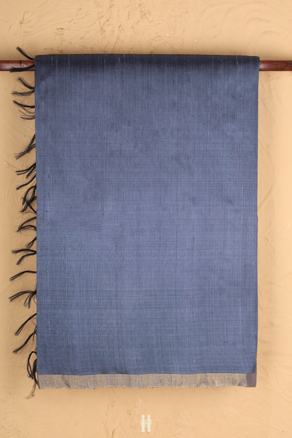 Raw Silk Saree In Plain Pigeon Blue With Bavanchi Border