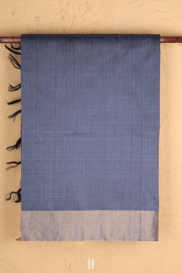 Raw Silk Saree In Plain Pigeon Blue With Bavanchi Border