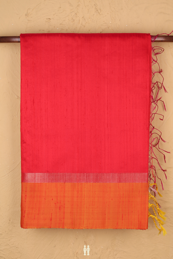 Raw Silk Saree In Plain Red With Contrast Border