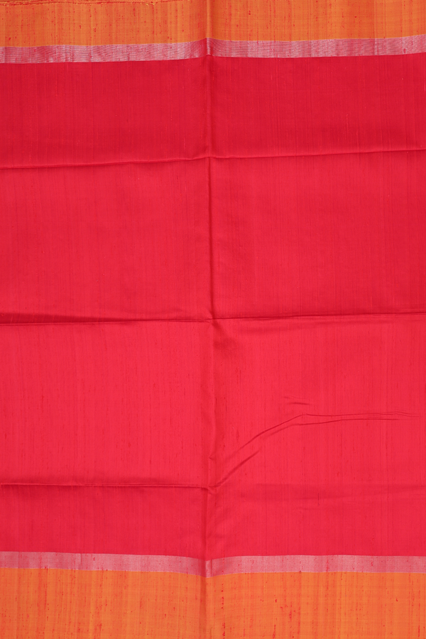 Raw Silk Saree In Plain Red With Contrast Border