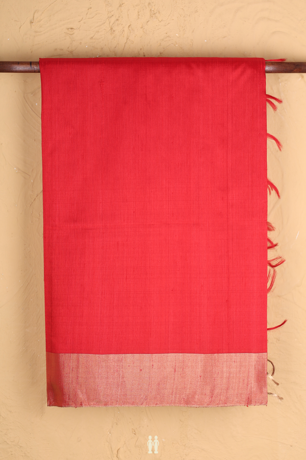 Raw Silk Saree In Plain Scarlet Red With Bavanchi Border