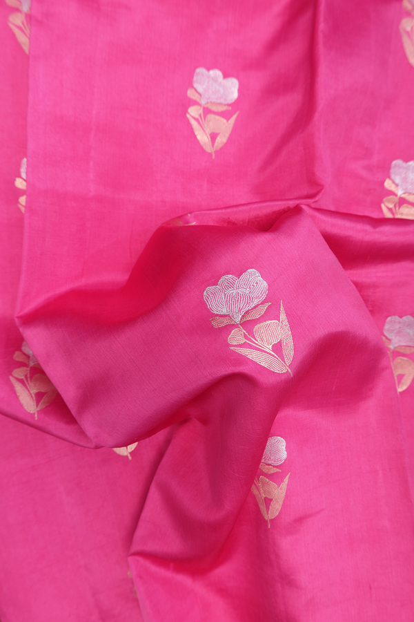 Raw Silk Saree In Punch Pink With Floral Buttas