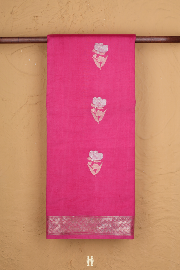 Raw Silk Saree In Punch Pink With Floral Buttas
