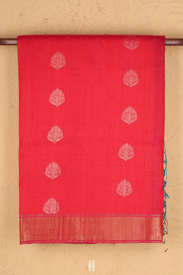 Raw Silk Saree In Red With Zari Buttas
