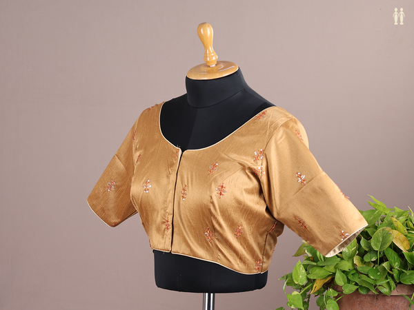 Round Neck Allover Buttas Brown Raw Silk Readymade Blouse