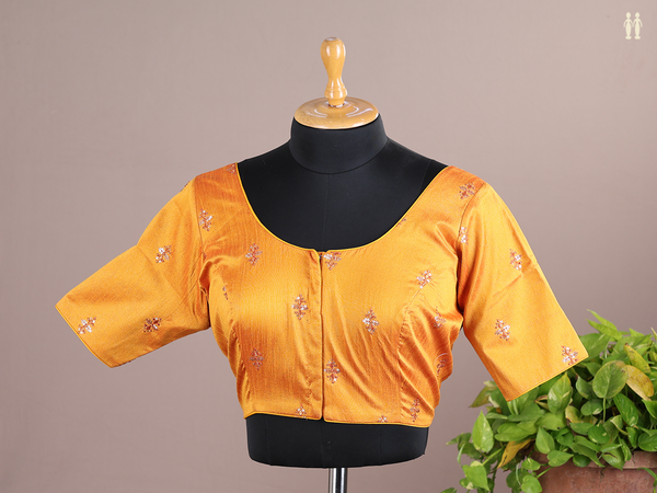 Round Neck Allover Buttas Orange Semi Raw Silk Readymade Blouse